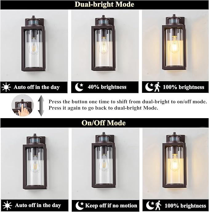 MICSIU Bronze Motion Sensor Exterior Wall Light 2 Pack, Waterproof Dusk to Dawn Outdoor Lighting with Clear Glass, 13 Inch Outside Porch Light for House, Front Porch, Garage, Walkway