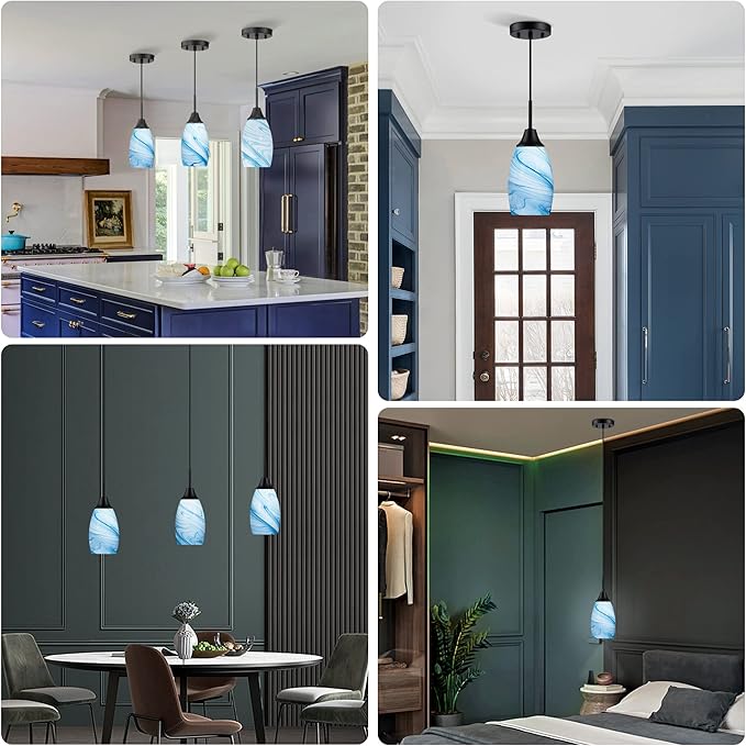 Viinew Mini Glass Pendant Light 4.72" with Handblown Blue Marble Art Glass Hanging Light 1-Pack Oval Ceiling Hanging Light Fixture for Dining Room Kitchen Island Cafe Foyer Hallway