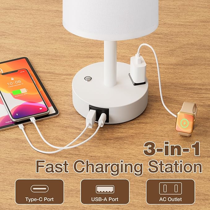 Touch Bedside Table Lamp with Memory - Stepless Dimmable Lamp for Bedroom, Small Nightstand Lamp with Dual USB Charging Ports and AC Outlet, Wood Night Light, Deak Lamp for Nursery (White & White)