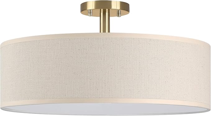 4 Light 18 Inch Semi Flush Mount Close to Ceiling Light Fixture,Off White Fabric Shade Gold Finish for Bedroom,Living Room,Dining Room Hallway