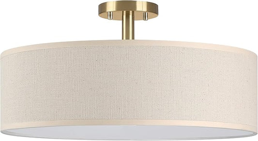 4 Light 18 Inch Semi Flush Mount Close to Ceiling Light Fixture,Off White Fabric Shade Gold Finish for Bedroom,Living Room,Dining Room Hallway