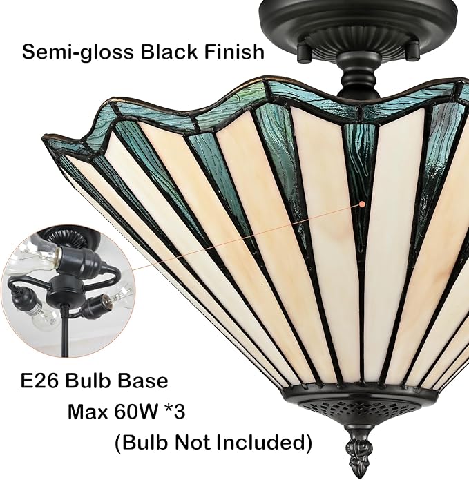 Tiffany Ceiling Lights, Stained Glass Semi Flush Mount Light 16-Inch 3-Light Mission Style Tiffany Light Fixtures Ceiling Mount for Hallway Kitchen Bedroom Foyer Dining Living Room