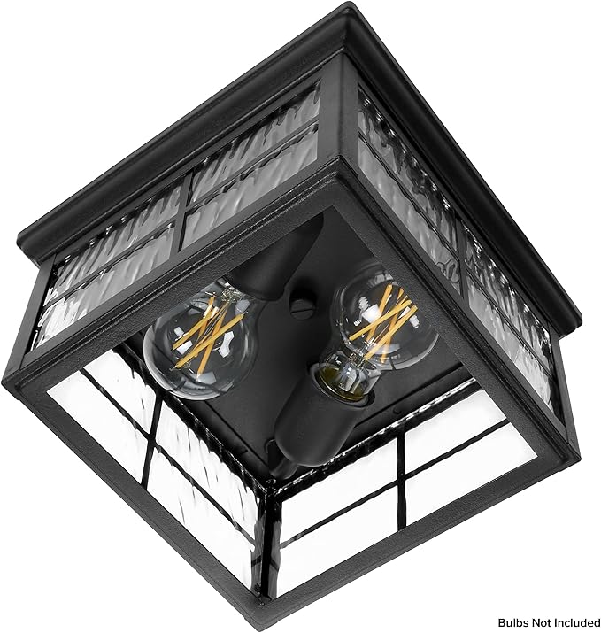Maxxima Outdoor Flush Mount Ceiling Light Fixture, Black w/Water Glass, 2-Light Square Farmhouse Porch or Patio Light, Close to Ceiling Entryway Outdoor Light, Bulbs Not Included