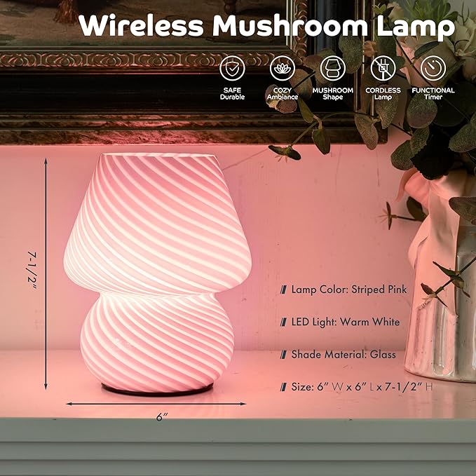 ULAROOM Battery Operated Mushroom Lamp - Vintage Small Table Lamp With Timer, Cordless Bedside Nightstand, Glass Battery Powered for Bedroom Kitchen Living Room Shelf Decor Aesthetic Pink