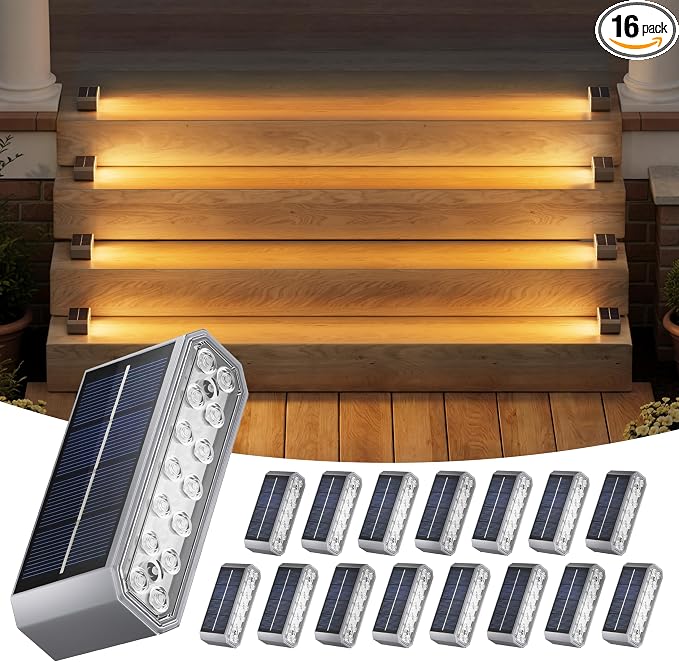 NIORSUN Solar Step Lights, 16 Pack Outdoor Horizontal Lights for Steps, Deck, Stairs, Dock & Pathway - Bright 3000K Warm White, Auto On/Off, IP67 Waterproof