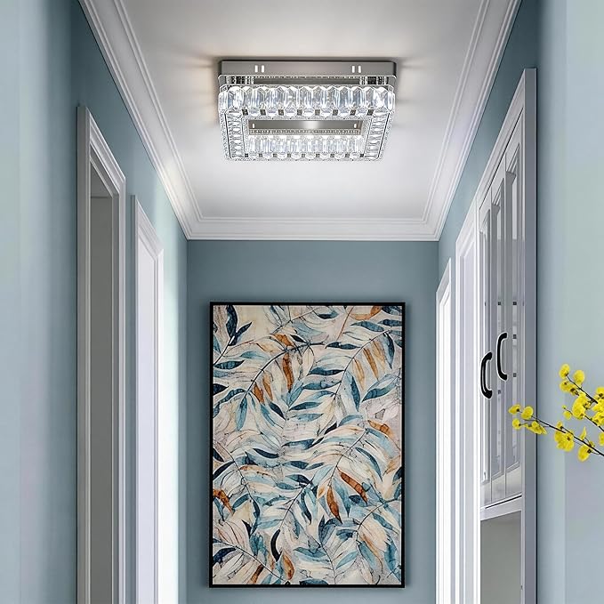Finktonglan Modern Crystal Flush Mount Ceiling Light, 11.8" Rectangular LED Ceiling Fixture with Multi-Faceted Crystal Prisms, Cool White, 18W Low Profile for Bedroom Hallway Entryway