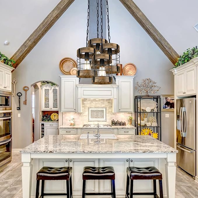 Rustic Pendant Light Fixtures, Farmhouse Kitchen Wood Hanging Lighting, Industrial Round Cage Chandelier for Entryway Hallway Dining Room Bedroom Foyer