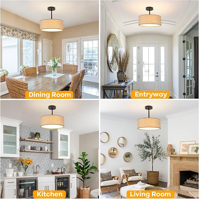 Rattan Sloped Ceiling Light Fixture, 13" Woven Boho Semi Flush Mount Lights with Drum Fabric Shade, Lighting for Bedroom, Dining Room, Living Room, Hallway, Entryway