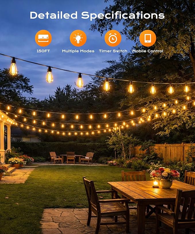Outdoor String Lights, 150ft Patio Lights for Outside, Smart App & Remote Control with Timer, Dimmable with 4 Scene Modes, Warm White Waterproof LED Bulbs for Garden, Yard and Backyard Decor