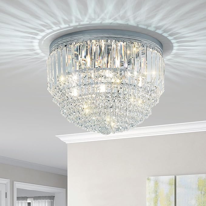 YMP&YZX 5-Lights Crystal Chandelier,15.7" Modern Ceiling Light Fixture Lamp,Flush Mount Round Metal Shade Chandelier E12 Base for Dining Room Living Room Bathroom Bedroom Chrome