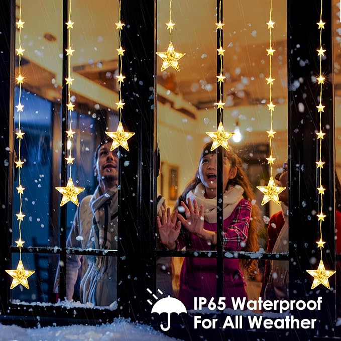 Marchpower 46 Stars Curtain Lights, Battery Operated Christmas Star Window Lights - Warm White with Timer & Memory Function & 8 Modes, IP65 Waterproof for Indoor Window Decoration