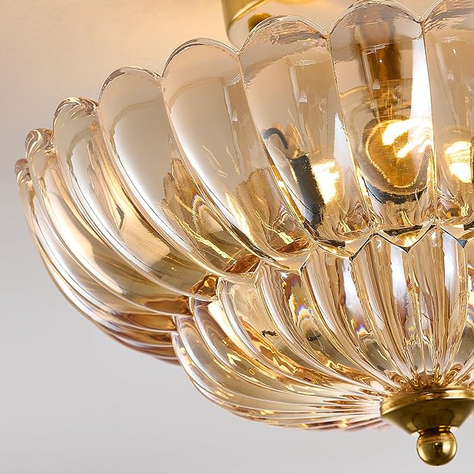 Semi Flush Mount Ceiling Light Fixture, 12" Vintage Gold Ceiling Light with Amber Glass Shade, 3-Light Close to Ceiling Light for Hallway Entryway Bedroom Kitchen, Mid Century Modern