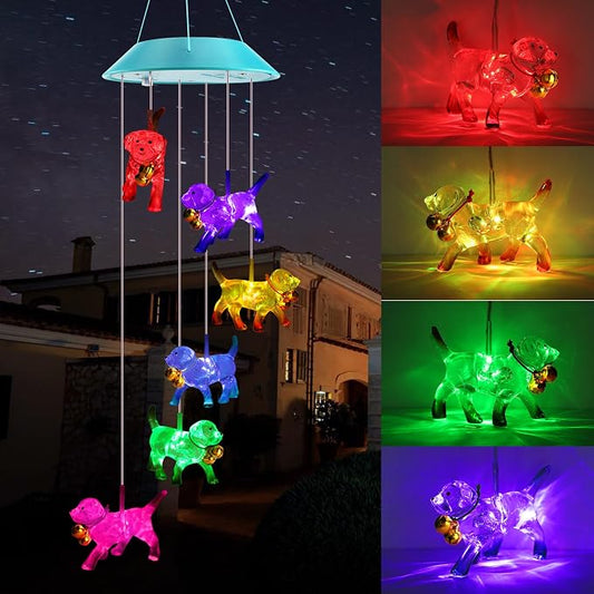Solar Dog Gift for Mom Girls, Color Changing Solar Wind Chimes for Outside, Outdoor Decorative Mobile Lights for Garden, Yard, Patio, Window, Party Decorations, Gift for Women