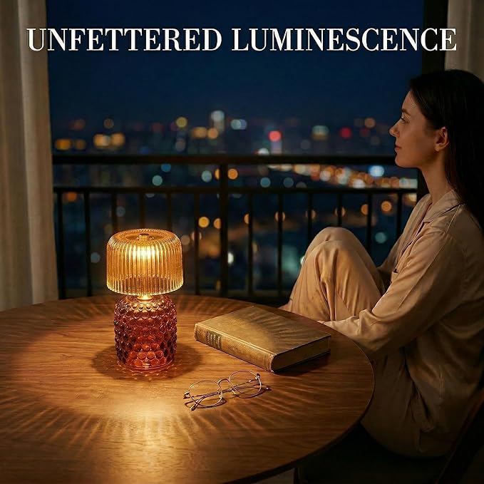 Battery Operated Table Lamp with Timer, Cordless Glass LED Night Light, Decorative Small Lamp for Bedroom Nightstand Living Room Entryway Stairway