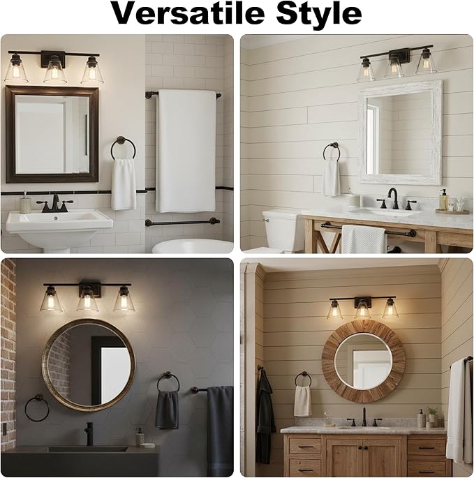 Oil Rubbed Bronze 3-Light Bathroom Vanity Light and Accessories Kit, 5-Piece All-in-One Bathroom Light Set Includes Oil Rubbed Bronze 3-Light Vanity Light,Robe Hook,Tissue Holder,Towel Bar,Towel Ring