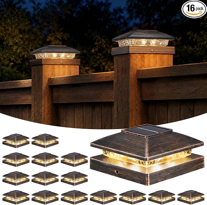 APONUO Solar Post Cap Lights for 4x4 Posts - IP64 Waterproof, 3000 Bright LED, Wireless Fence Lights & Deck Lights for Patios, Gardens, and Yards, Brushed Copper-Warm White, 16-Pack