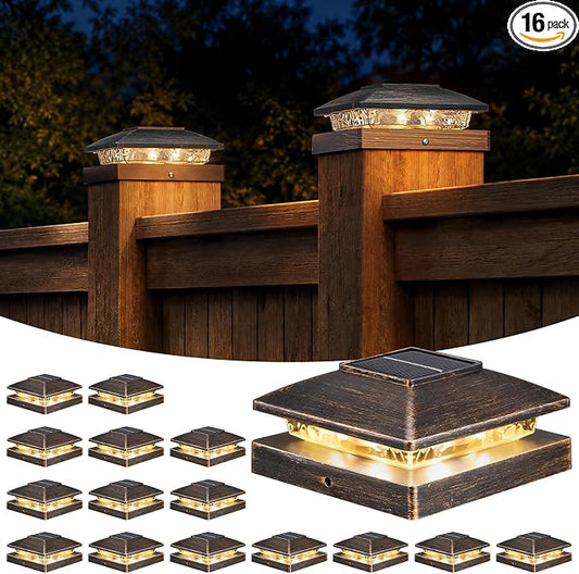 APONUO Solar Post Cap Lights for 4x4 Posts - IP64 Waterproof, 3000 Bright LED, Wireless Fence Lights & Deck Lights for Patios, Gardens, and Yards, Brushed Copper-Warm White, 16-Pack
