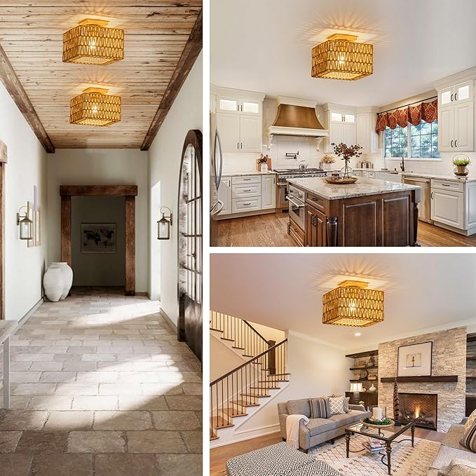 Rattan Ceiling Light, Gold Boho Light Fixture, Square Flush Mount Ceiling Light for Bedroom, Hallway, Entryway, Kitchen, Cabinet