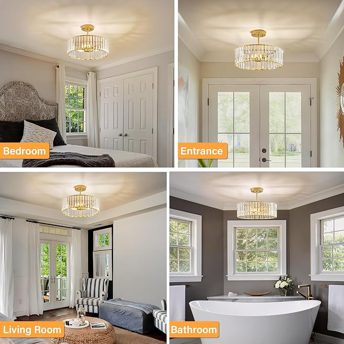 Glod Crystal Ceiling Light Fixture, Modern Semi Flush Chandelier, Round Hanging Lighting Chandeliers for Dining Room, Kitchen, Bedroom, 3-Light, 15.74 Inch