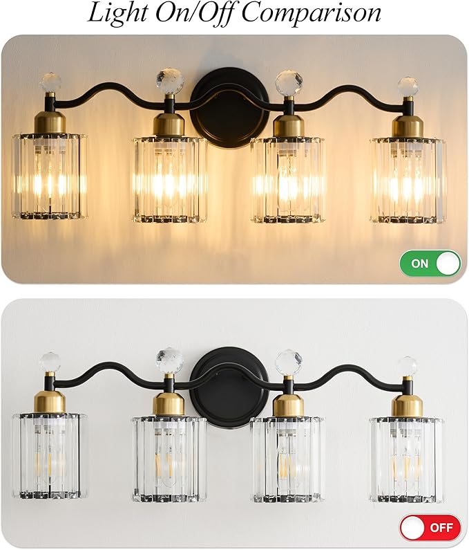 Modern Crystal Bathroom Vanity Light,Balck and Gold 4-Lights Bathroom Light Fixtures, Vanity Light Fixtures Over Mirror, Glass Wall Sconce Light for Bedroom, Kitchen, Living Room, Gallery, E26 Base