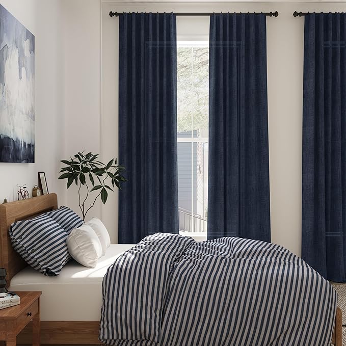Linen Navy Blue Curtains 108 inch Extra Long for Living Room Back Tab Light Filtering Semi Sheer Drapes Modern Farmhouse Coastal Decor Textured Curtain for Floor to Ceiling High Window 52x108