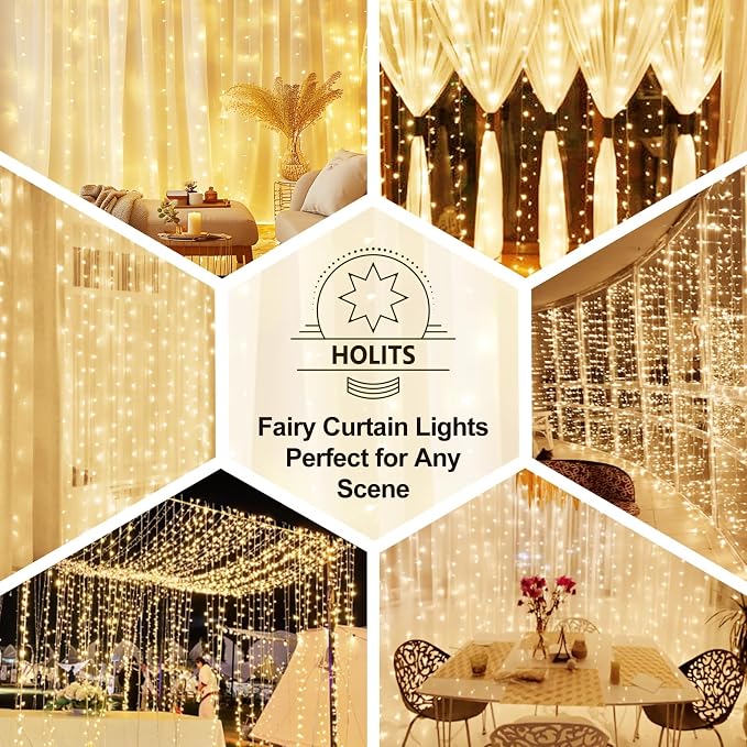 Fairy Curtain Lights Upgraded Tangle-Free Warm White USB Plug in 8 Modes String Hanging Lights with Remote for Christmas, Bedroom, Indoor, Outdoor, Weddings, Party (10FTx10FT)