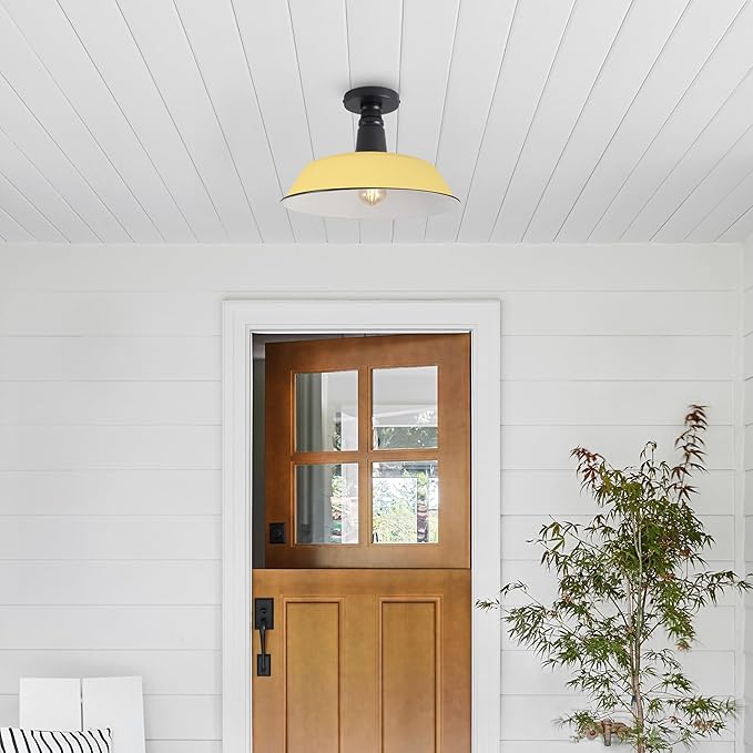 JONATHAN Y 14" Matte Yellow/Black 1-Light Industrial LED Semi Flush Mount Ceiling Light for Porch, Kitchen, Entryway, Modern Farmhouse Iron Fixture, White Metal Shade, LED Bulb Included (JYL7617H)