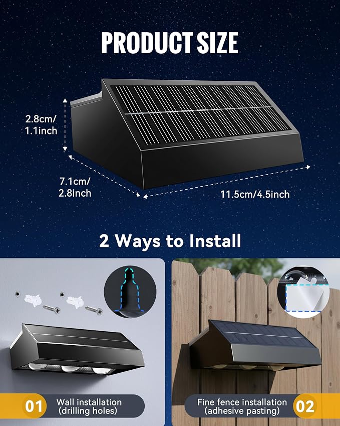 Solar Fence Lights Outdoor 4 Pack, 3 Modes 3000K/4500K/6000K, Up and Down Fence Lights Solar Powered for Outside, Deck Lighting for for Backyard/Garden/Patio/Garage Wall Decor
