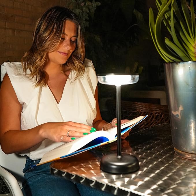 Cocktail Style Solar Table Lamp – Cordless LED Light with USB-C Charging, Dimmable Warm 2700K Glow, Weather Resistant for Indoor/Outdoor Use – Black, 1 Pack