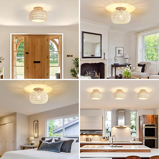 Boho Rattan Ceiling Light Fixture - 3 Style Options Wicker Semi Flush Mount Ceiling Lights,Beige Coastal Light Fixtures,Bohemian Woven Basket Chandelier for Hallway Bedroom Nursery Kitchen Laundry