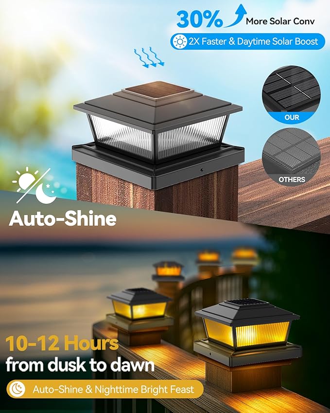 KEILAIMO Solar Post Cap Lights Outdoor for 4x4 5x5 6x6 Wood/Vinyl Posts, 12 Pack Fence Post Solar Lights with Flickering Flame & Warm Modes for Deck/Garden/Patio, IP65 Waterproof - Black