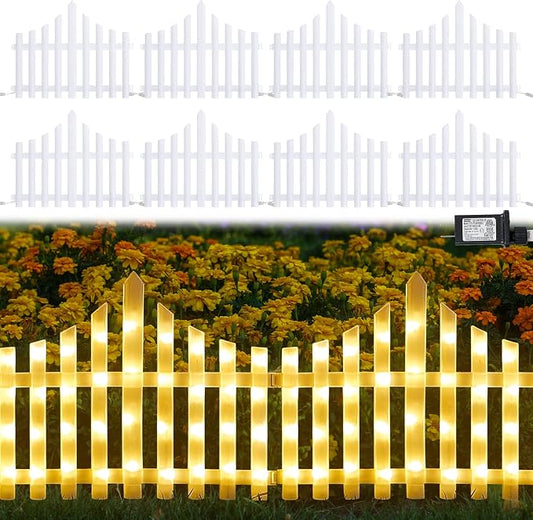 Hopolon 8 Pack 36LED Lighted Garden Fence,13.7x11.8inch Christmas Tree Fence Lights Plug in,8 Modes White Plastic Edgings Picket Decorative Fence for Landscape Patio Yard Path Home Xmas,Warm White