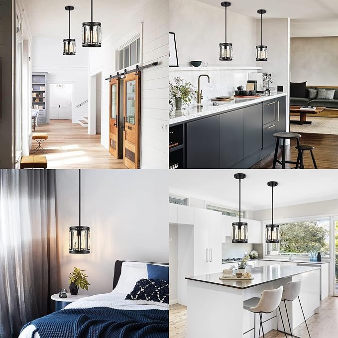 Mini Crystal Semi Flush Mount Ceiling Light, Convertible Hanging Pendant Lighting Fixture for Kitchen Island, Black Drum Shade Close to Ceiling Lights for Hallway Entryway