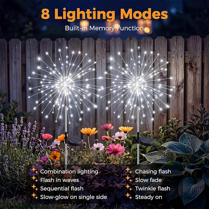 btfarm 4 Pack 120 LED Solar Garden Lights Outdoor, 8 Modes Firework Lights Solar Powered, Waterproof Twinkle Fairy Light Outside for Yard Patio Pathway Pool Christmas Party Decorative, Cool White