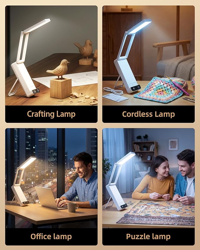 EZVALO Rechargeable Desk Lamp, 6000mAh Battery Wireless Light, Cordless Table Lamp for Book Reading, Foldable Mini Lamps & Portable, 3-Color Dimmable Small Light for Bed, Nail Lamp, Craft, White