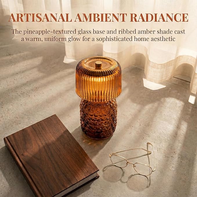 Battery Operated Table Lamp with Timer, Cordless Glass LED Night Light, Decorative Small Lamp for Bedroom Nightstand Living Room Entryway Stairway