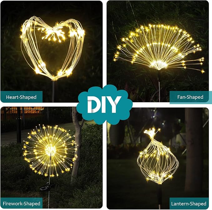 JJGoo Solar Firework Lights, 2 Pack 135 LEDs 2 Lighting Modes Solar Garden Lights Outdoor Waterproof for Yard Patio Walkway Pathway Party Wedding Christmas Decorative - Warm White