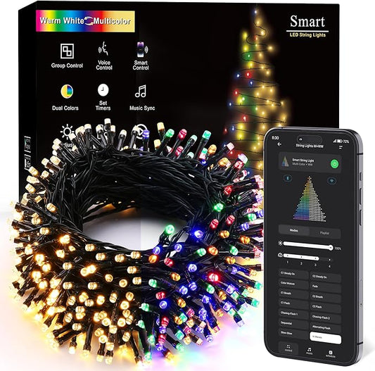BrizLabs Color Changing Smart Christmas Lights, 98ft 300 LED App & Voice Control Christmas String Lights, Warm White Multicolor Mini Light, Dimmable Xmas Light Music Sync for Holiday Party Tree Decor