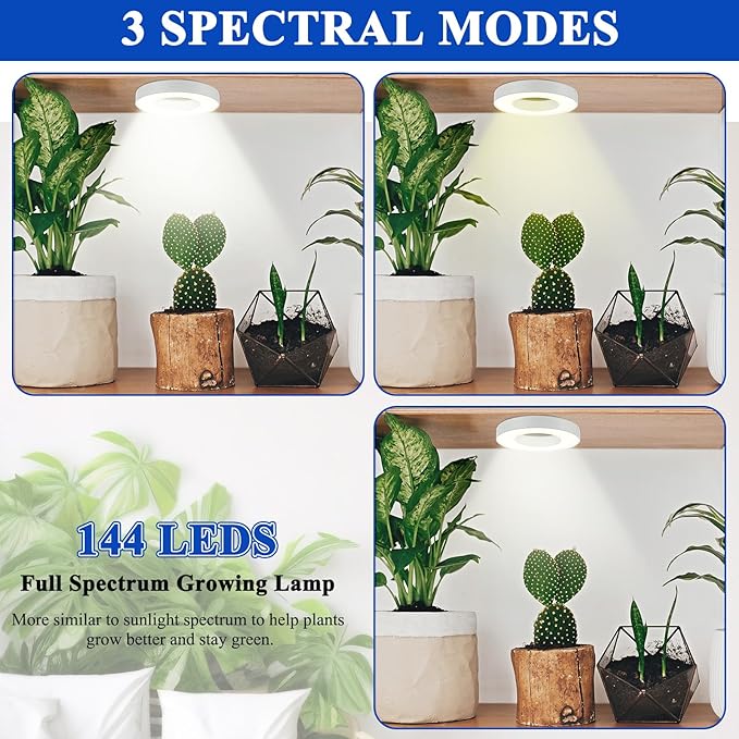 Tujoe 3 Pcs Ceiling Grow Light Self Adhesive Grow Lights for Indoor Plants 144 LED Light with 4/8/12h Auto Switch, 4 Dimmable Brightness Sun Lamp for Plants Full Spectrum Plant Growing Lamps