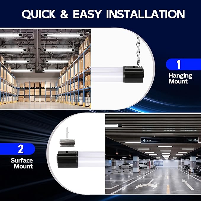 hykolity 4 Pack LED Shop Lights 4FT,60W (350W Equivalent), 6500 Lumens, 5000K Daylight White, Linkable Shop Lights for Garage & Workshop, Plug and Play with Hanging/Surface Mount Kit, Black