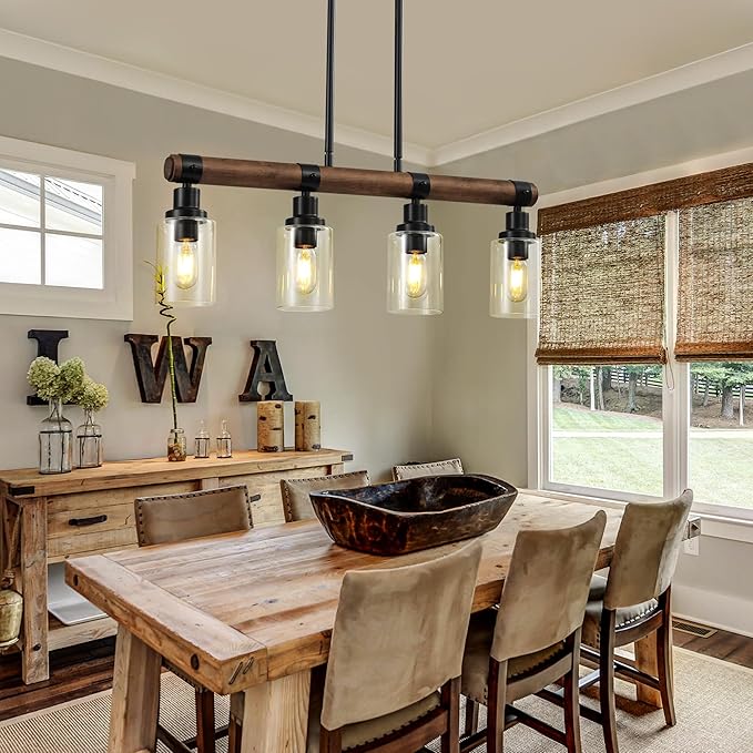 Dining Room Chandelier Over Table, 4-Light Farmhouse Kitchen Island Lighting, Matte Black Rustic Wood Chandelier with Clear Glass Shade, Ceiling Pendant Light Fixture for Kitchen
