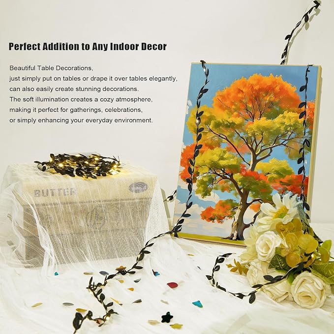 Leaves String Lights Black 6.56ft 20 LED Tiny Artificial Ivy Leaf Vine with Fairy Lights Battery Operated for Room Decor Bedroom Wedding Holiday Party Table Decor, 2PCS