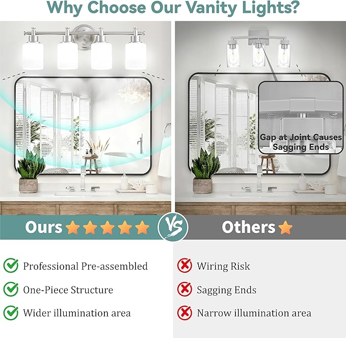 4-Light Bathroom Vanity Light, Brushed Nickel Vanity Light Fixture with White Frosted Glass Shades, Modern Anti-Rust Wall Sconce Over Mirror, Bathroom, Hallway (Bulbs Not Included, E26 Base)