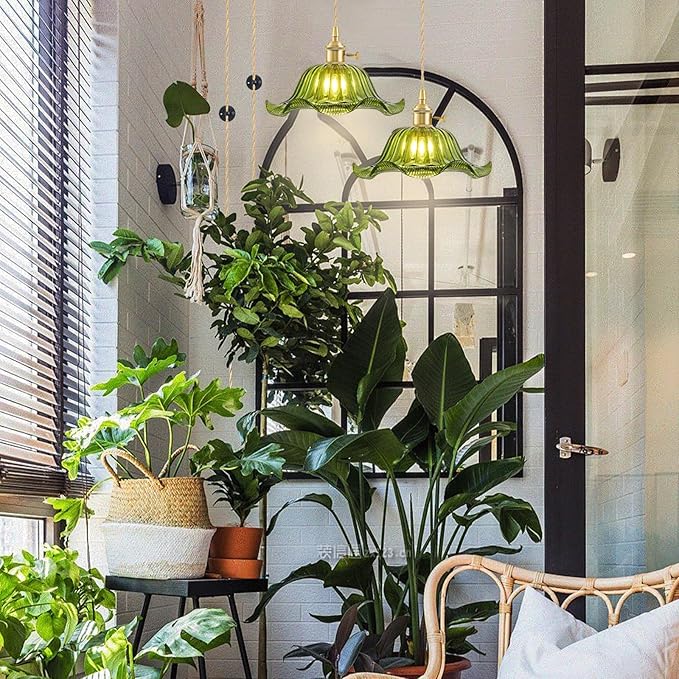 Plug in Pendant Light Vintage, Adjustable Pulley Hanging Lamp with Green Lily Glass Shade, Brass Hanging Lights with Plug in Cord for Bedroom Kitchen, Compatible with Indoor Plant Grow Light Bulbs
