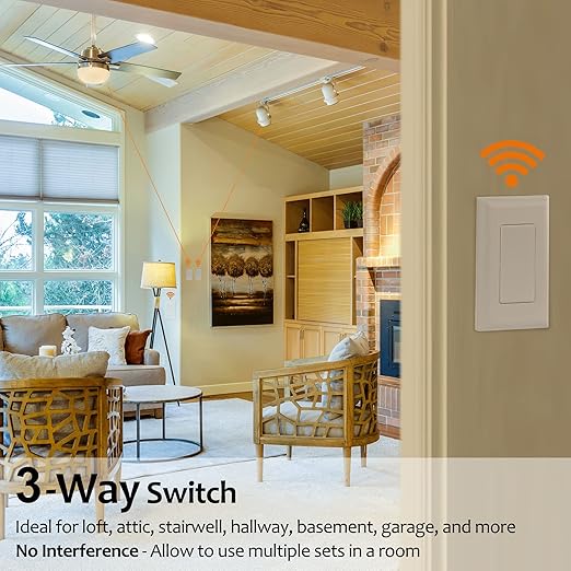 Suraielec Wireless Light Switch and Receiver Kit, 15A High Power, No Wiring, 100ft RF Range, Programmable Remote Control 3 Way Wall Switches for Lamp, Ceiling Light, Fan, Outdoor Lighting