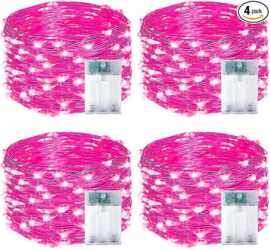 4-Pack 50 LED Pink Fairy Lights Battery Operated with Timer, 16FT Starry String Lights Outdoor Indoor, Valentiens Lights Waterproof for Valentine's Day Bedroom Wedding Birthday Christmas Party Decor