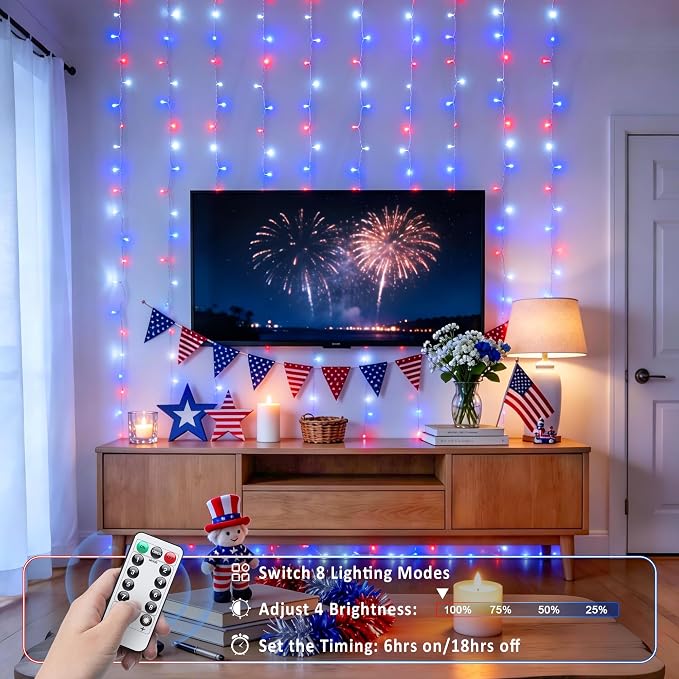 JMEXSUSS 200 LED Red White and Blue Curtain Lights, 6.5ft x 6.5ft 4th of July Lights USB Plug in, 8 Modes Patriotic Hanging Curtain String Lights with Remote for Memorial Day Independence Day Decor