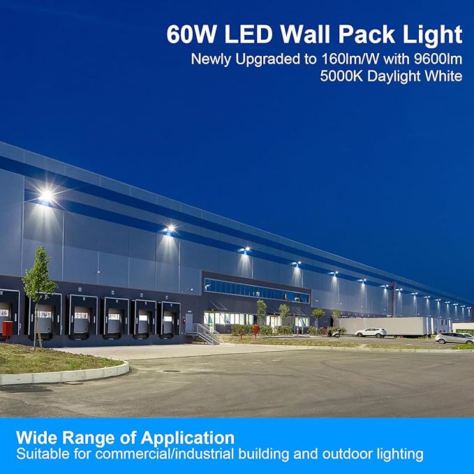 60W LED Wall Pack Light with Dusk to Dawn Photocell,9600LM 5000K Daylight,AC100-277V Input,400W HPS/HID Replacement, Warehouses,Industrial,Building Perimeters,Garden Garage,ETL Listed,