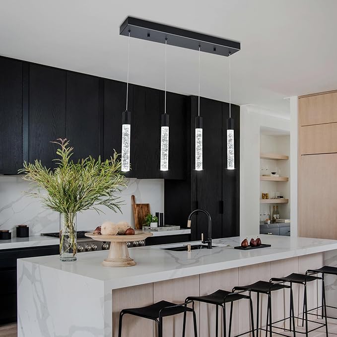 4-Light Matte Black Integrated Crystal Pendant Chandelier,Dimmable LED Ceiling Light with Adjustable Height for Kitchen Island, Dining Room & Bedroom 3000K -6000K