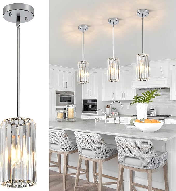 3-Pack Chrome Pendant Light Fixtures, Crystal Kitchen Pendant Lighting Over Island,Mini Modern Pendant Lights for Kitchen Island, Dining Room, Hallway, Foyer, Entryways